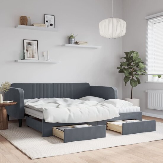 Slaapbank Onderschuifbed En Lades Fluweel 90 x 190 cm Donkergrijs