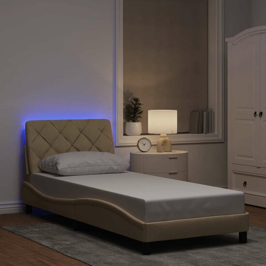 Bedframe Met Led Zonder Matras Stof Kleurig 90 x 200 cm Cr&egrave;me