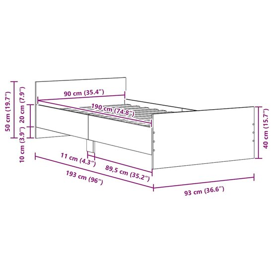 Bedframe Zonder Matras Spaanplaat Kleurig Zwart Eiken 90 x 190 cm