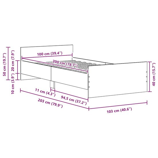 Bedframe Zonder Matras Spaanplaat Kleurig Zwart Eiken 100 x 200 cm