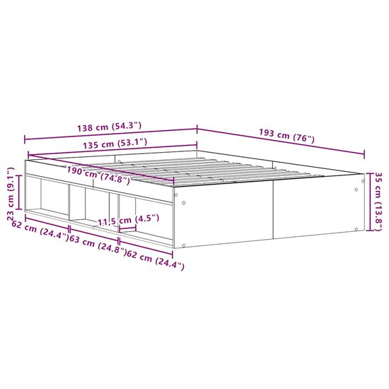 Bedframe zonder matras bewerkt 135x190 cm bewerkt hout oud