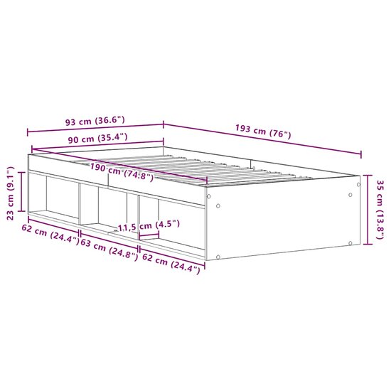 Bedframe Zonder Matras Spaanplaat Kleurig Zwart Eiken 90 x 190 cm