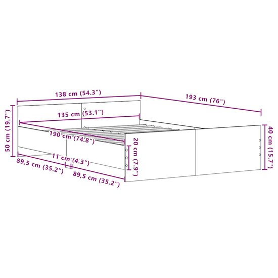 Bedframe Zonder Matras Bewerkt Hout Kleur Zwart Eiken 135 x 190 cm