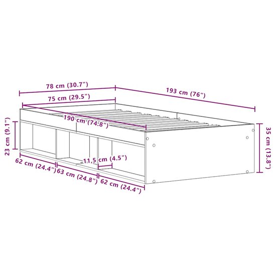 Bedframe Zonder Matras Spaanplaat Ambachtelijk Artisanaal Eikenkleurig 75 x 190 cm