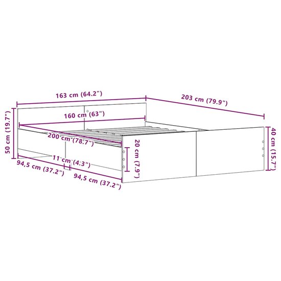 Bedframe Zonder Matras Bewerkt Hout Kleur Zwart Eiken 160 x 200 cm