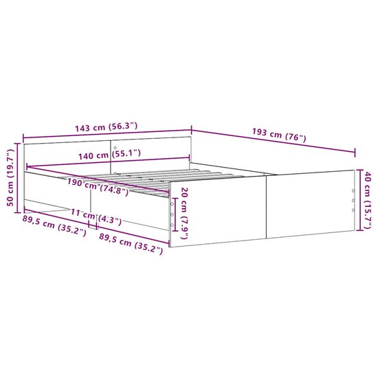 Bedframe Zonder Matras Bewerkt Hout Kleur Zwart Eiken 140 x 190 cm