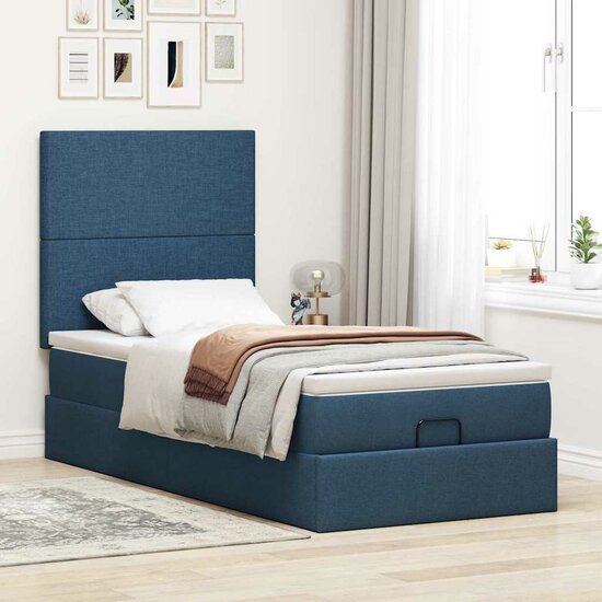 Ottoman Bed Met Matras En Led&#039;s 80X200Cm Stof 80 x 200 cm Blauw