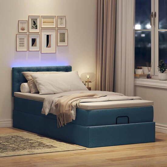 Ottoman Bed Met Matras En Led&#039;s 80X200Cm Stof 80 x 200 cm Blauw