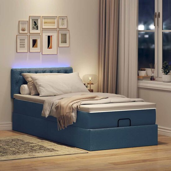 Ottoman Bed Met Matras En Led&#039;s 80X200Cm Stof 80 x 200 cm Blauw