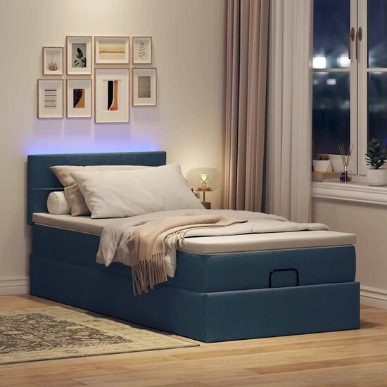 Ottoman Bed Met Matras En Led&#039;s 80X200Cm Stof 80 x 200 cm Blauw