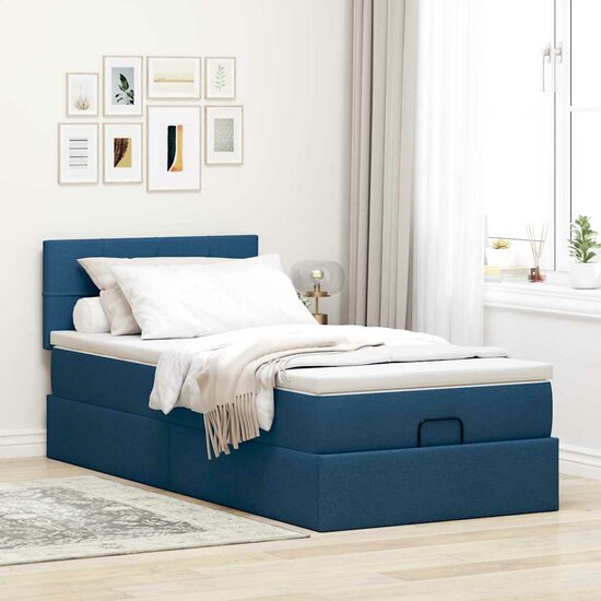 Ottoman Bed Met Matras En Led&#039;s 80X200Cm Stof 80 x 200 cm Blauw