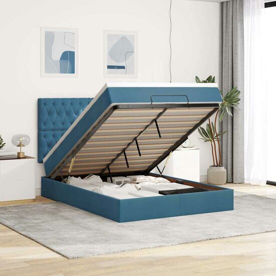 Ottoman Bed Met Matrassen En Led&#039;s 140X200Cm Fluweel 140 x 200 cm Donkerblauw