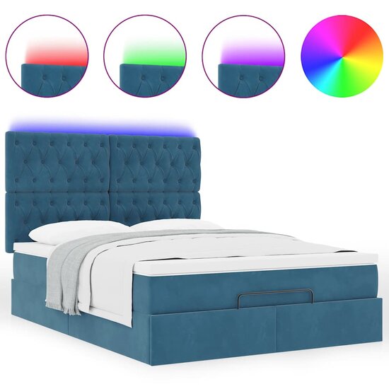 Ottoman Bed Met Matrassen En Led&#039;s 140X200Cm Fluweel 140 x 200 cm Donkerblauw