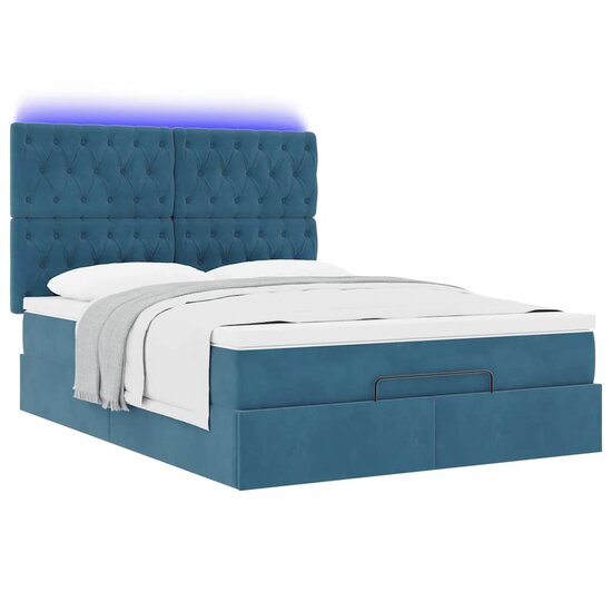 Ottoman Bed Met Matrassen En Led&#039;s 140X200Cm Fluweel 140 x 200 cm Donkerblauw