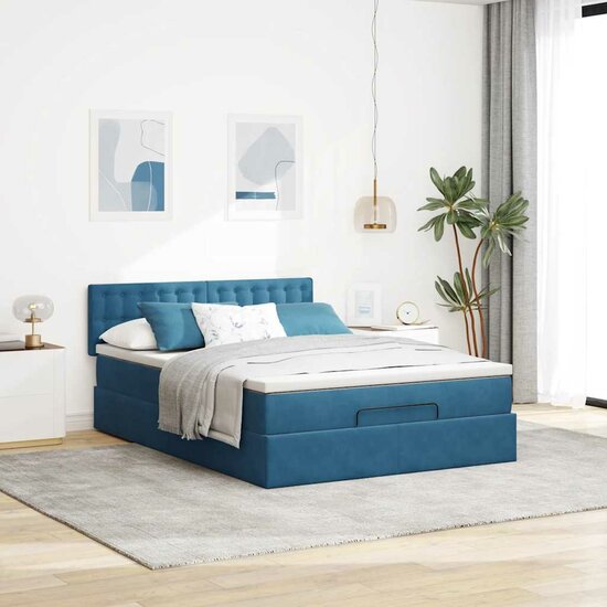 Ottoman Bed Met Matras 140X200Cm Fluweel 140 x 200 cm Donkerblauw