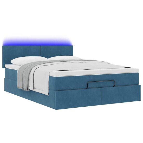 Ottoman Bed Met Matras En Led&#039;s 140X200Cm Fluweel 140 x 200 cm Donkerblauw