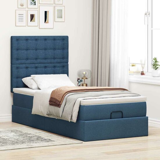Ottoman bed met matras en LED&#039;s 80x200cm stof blauw