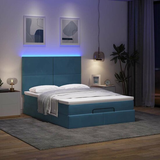 Ottoman Bed Met Matrassen En Led&#039;s 140X200Cm Fluweel 140 x 200 cm Donkerblauw