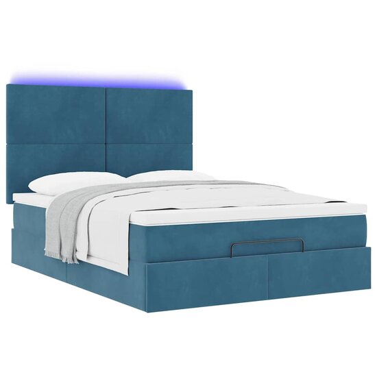 Ottoman Bed Met Matrassen En Led&#039;s 140X200Cm Fluweel 140 x 200 cm Donkerblauw