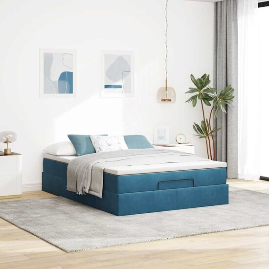Ottoman bed met matras 140x200cm fluweel donkerblauw