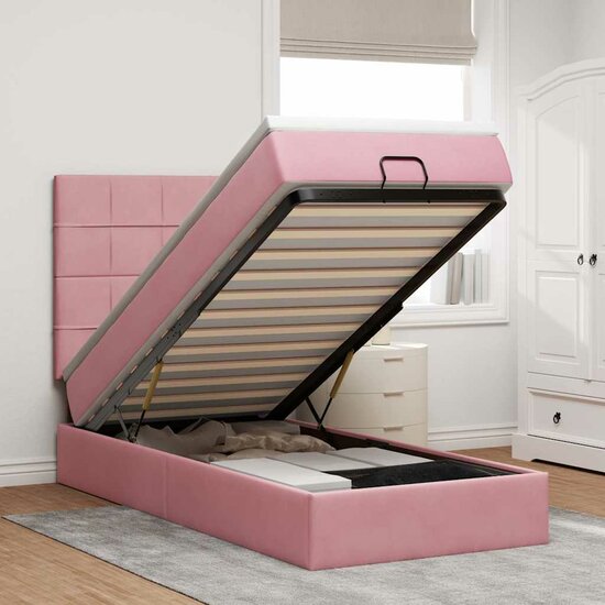 Ottoman Bed Met Matrassen En Led&#039;s 90X190Cm Fluweel 90 x 190 cm Roze
