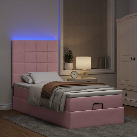 Ottoman Bed Met Matrassen En Led&#039;s 90X190Cm Fluweel 90 x 190 cm Roze