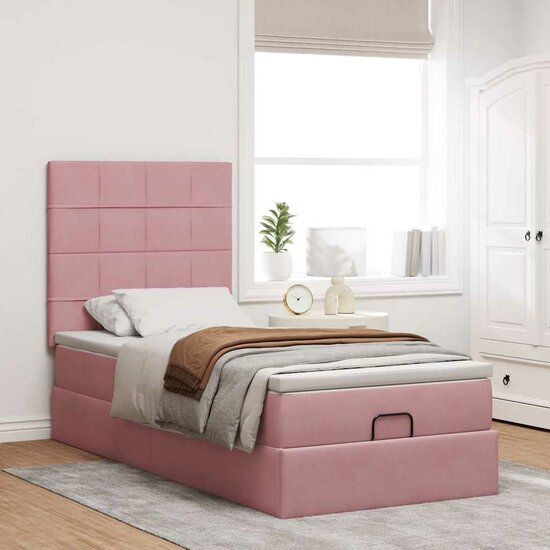 Ottoman Bed Met Matrassen En Led&#039;s 90X190Cm Fluweel 90 x 190 cm Roze