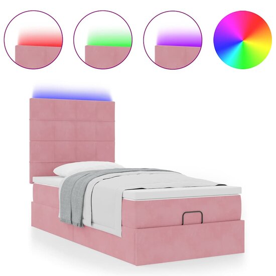 Ottoman Bed Met Matrassen En Led&#039;s 90X190Cm Fluweel 90 x 190 cm Roze