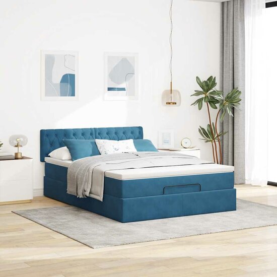 Ottoman Bed Met Matras 140X200Cm Fluweel 140 x 200 cm Donkerblauw