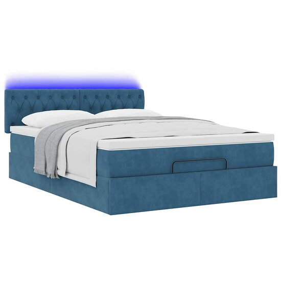 Ottoman Bed Met Matras En Led&#039;s 140X200Cm Fluweel 140 x 200 cm Donkerblauw