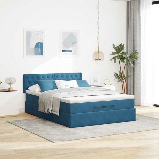 Ottoman Bed Met Matras En Led&#039;s 140X200Cm Fluweel 140 x 200 cm Donkerblauw
