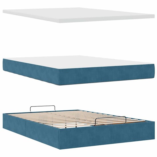 Ottoman Bed Met Matras En Led&#039;s 140X200Cm Fluweel 140 x 200 cm Donkerblauw
