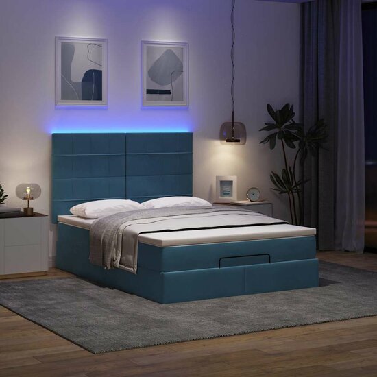 Ottoman Bed Met Matrassen En Led&#039;s 140X200Cm Fluweel 140 x 200 cm Donkerblauw