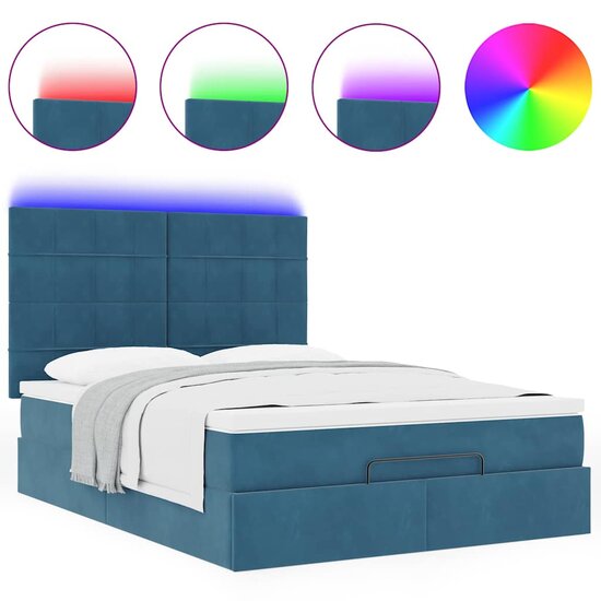 Ottoman Bed Met Matrassen En Led&#039;s 140X200Cm Fluweel 140 x 200 cm Donkerblauw
