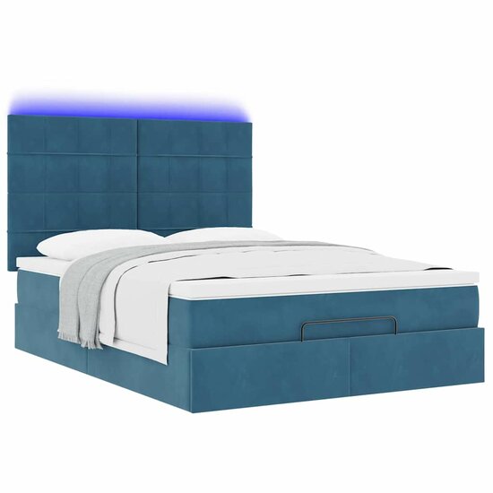 Ottoman Bed Met Matrassen En Led&#039;s 140X200Cm Fluweel 140 x 200 cm Donkerblauw