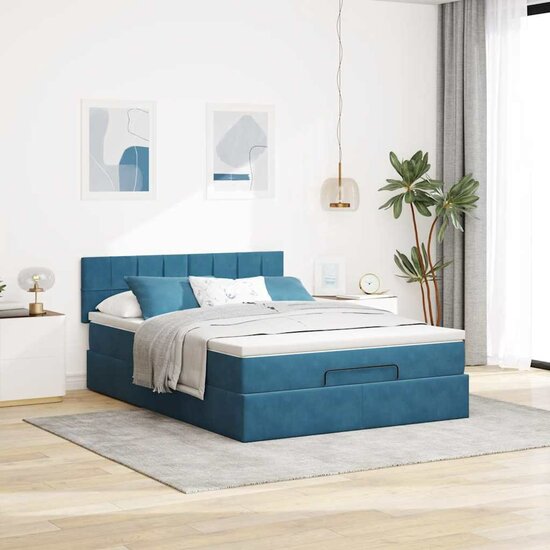 Ottoman Bed Met Matras 140X200Cm Fluweel 140 x 200 cm Donkerblauw