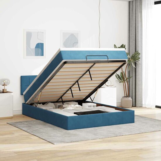 Ottoman Bed Met Matras En Led&#039;s 140X200Cm Fluweel 140 x 200 cm Donkerblauw