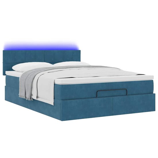 Ottoman Bed Met Matras En Led&#039;s 140X200Cm Fluweel 140 x 200 cm Donkerblauw