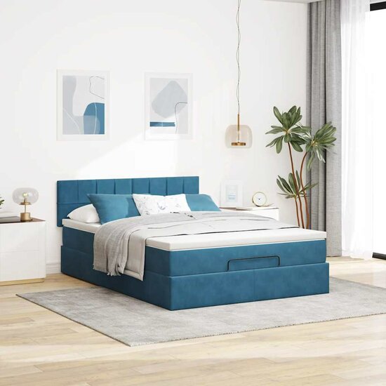 Ottoman Bed Met Matras En Led&#039;s 140X200Cm Fluweel 140 x 200 cm Donkerblauw