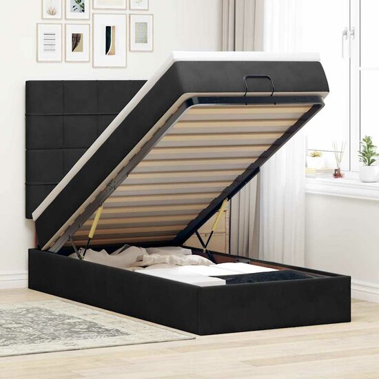 Ottoman Bed Met Matrassen En Led&#039;s 90X190Cm Fluweel 90 x 190 cm Zwart