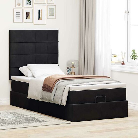 Ottoman Bed Met Matrassen En Led&#039;s 90X190Cm Fluweel 90 x 190 cm Zwart