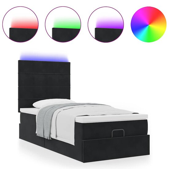 Ottoman Bed Met Matrassen En Led&#039;s 90X190Cm Fluweel 90 x 190 cm Zwart