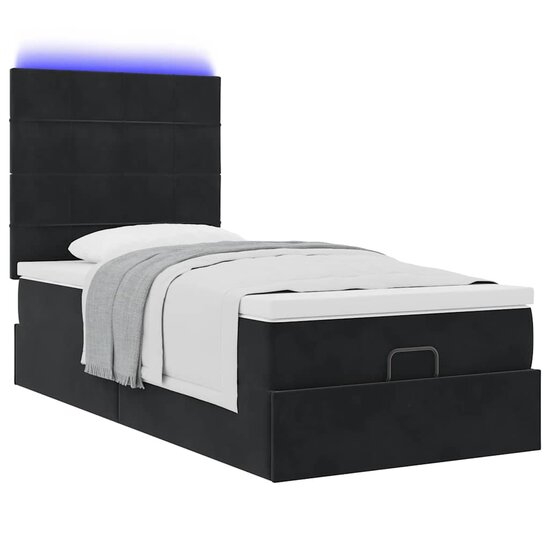 Ottoman Bed Met Matrassen En Led&#039;s 90X190Cm Fluweel 90 x 190 cm Zwart