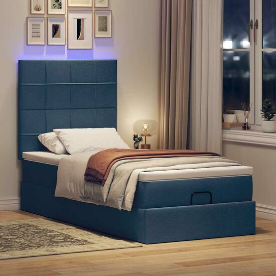 Ottoman Bed Met Matras En Led&#039;s 80X200Cm Stof 80 x 200 cm Blauw