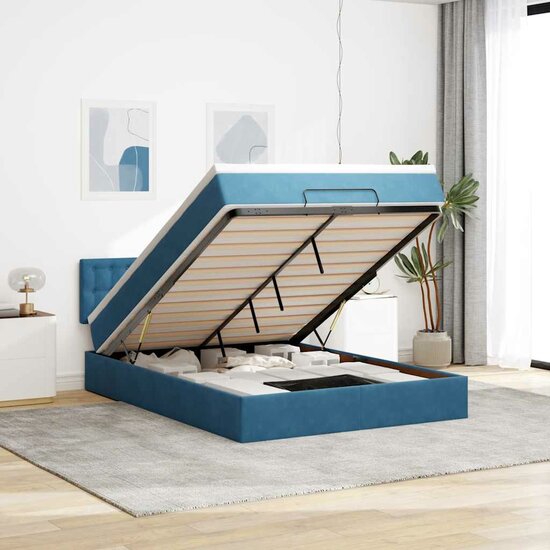 Ottoman Bed Met Matras En Led&#039;s 140X200Cm Fluweel 140 x 200 cm Donkerblauw