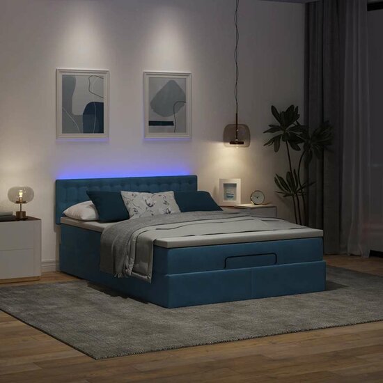 Ottoman Bed Met Matras En Led&#039;s 140X200Cm Fluweel 140 x 200 cm Donkerblauw