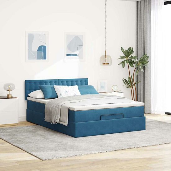 Ottoman Bed Met Matras En Led&#039;s 140X200Cm Fluweel 140 x 200 cm Donkerblauw