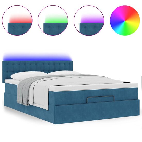 Ottoman Bed Met Matras En Led&#039;s 140X200Cm Fluweel 140 x 200 cm Donkerblauw