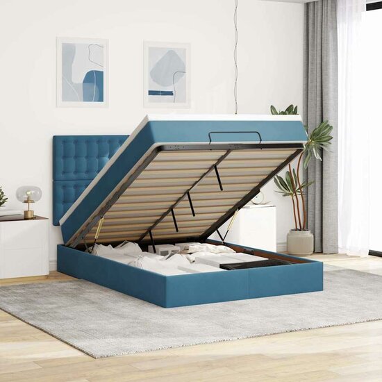Ottoman Bed Met Matrassen En Led&#039;s 140X200Cm Fluweel 140 x 200 cm Donkerblauw