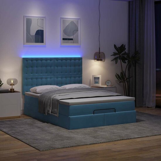 Ottoman Bed Met Matrassen En Led&#039;s 140X200Cm Fluweel 140 x 200 cm Donkerblauw